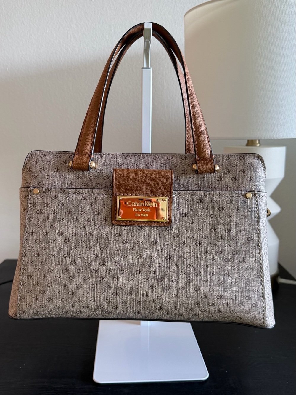 Calvin Klein Beige Brown Monogram Satchel with Gold Plaque